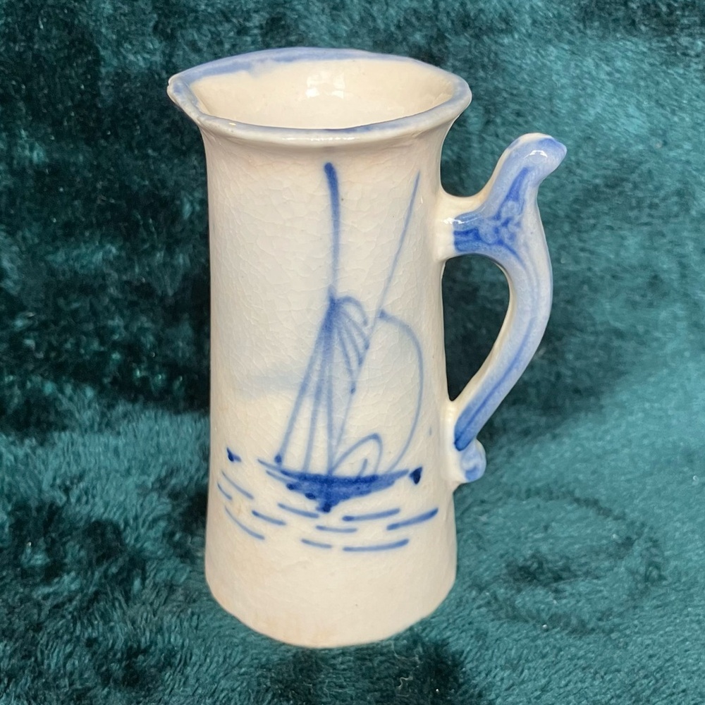 Vintage Delft Blue & White Sailboat 5oz Ceramic Creamer Pitcher‎